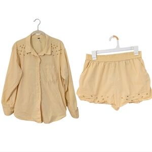 Young Fabulous & Broke Eyelet Trim Set Button Front Shirt & Shorts Yellow Medium
